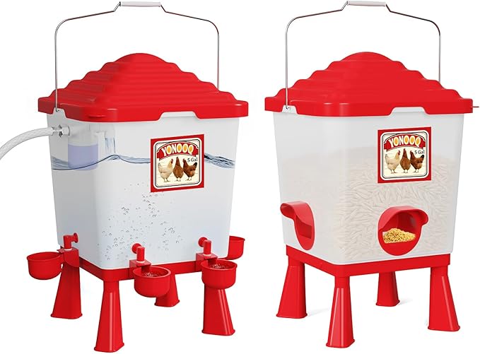 5 Gallon/26 Pounds Automatic Chicken Feeder and Waterer Set, Chicken Waterer with Automatic Float Valve, No Waste, Rain Proof Poultry Feeder, Chick Coop Accessories, for Chicken, Duck, Turkey