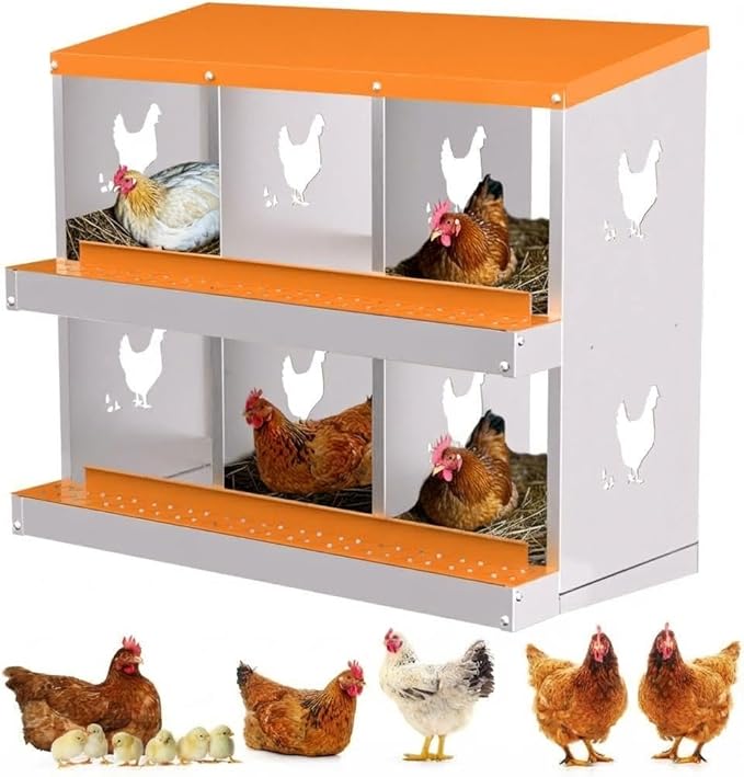 Chicken Nesting Box,6 Holes Galvanized Steel Metal Chicken Laying Box with Automatic Roll-Away Egg Collection System & Removable Tray,Wall Mount Nesting Boxes