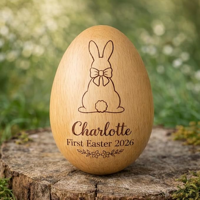Personalized Wooden Easter Egg – Custom Engraved Bunny Name Egg, Baby First Easter Keepsake Gift, Rustic Wood Bunny Decor, Cute Basket Stuffer for Kids, Spring Holiday Gift for Baby Boy Girl/2