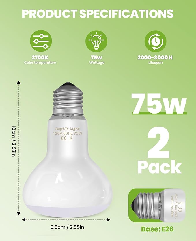KINDEEP Reptile Basking Light Bulb: 75W Reptile Heat Lamp 2 Pack UVA Daylight Basking Bulb for Amphibian Bearded Dragon Lizard Tortoise Turtle Snake Chicken Pets Heating