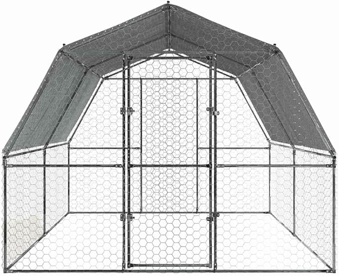 Walk-in Chicken Coop Silver 112.2 x 147.6 x 90.6 in Galvanized Steel Polyethylene Outdoor Hen Run Durable Weatherproof Poultry Cage for Backyard Farm Garden