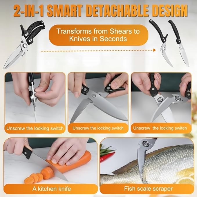 Poultry Shears Heavy Duty Professional, Kitchen Shears for Poultry,Turkey, Chicken & Bone Cutting, Multi-purpose kitchen Scissors Spring-Loaded, Dishwasher Safe, Meat Shear with Non-Slip Handle, Black