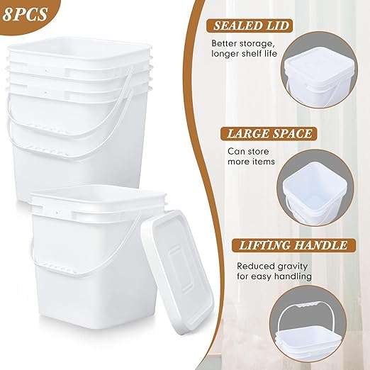 Mumufy 8 Pcs 3.5 Gallon Square Food Grade Bucket with Lid Square Bucket Pail Plastic Handles for Long Term Food Storage, Camping, Fishing, Home Organization Easy Stack and Store (White)