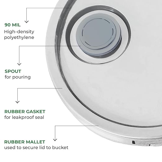5-Gallon White Bucket Pail with Spout Lid, Metal Handles with Plastic Grip for Easy Carrying, Easy Stack and Store, Heavy-Duty Extra Durable, Food Grade, BPA Free - 5 Pack
