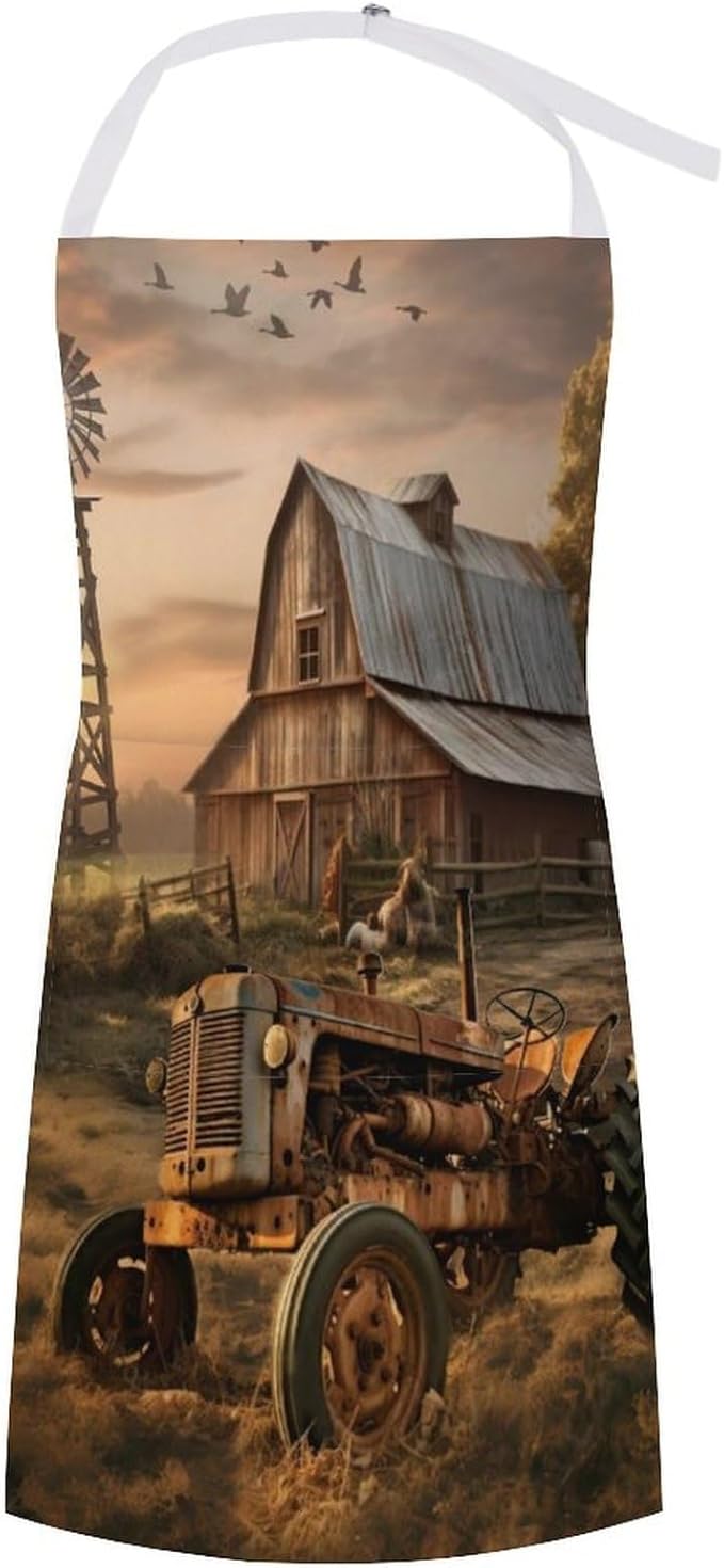 Vintage Watercolor Old Tractor Kitchen Apron, Oil Painting Western Farmhouse Harvest Farm Sunflower Tractor Apron
