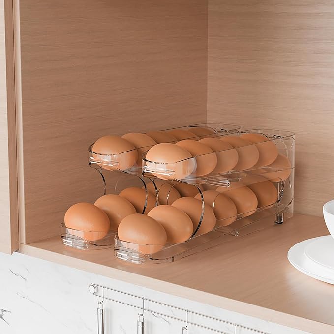 Sotfamily Egg Holder for Fridge, Auto Rolling Egg Storage Organizer for Refrigerator, Clear Space Saving Container, Dispenser - FIFO Egg Roller for Eggs 24 Count