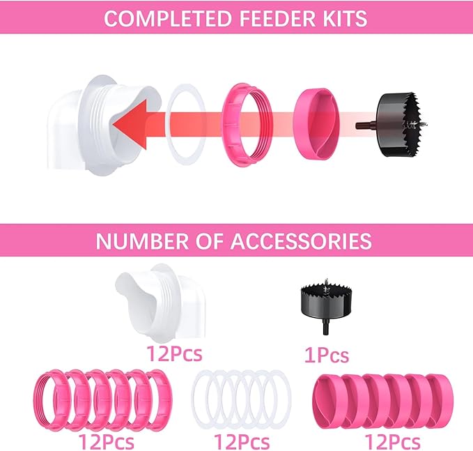 DIY Chicken Feeder No Waste 12 Ports, Poultry Feeder with 12 Covers 1 Drill Bit, Rain Proof Automatic Gravity Chicken Feeder Kits for Buckets, Barrels, Bins, Troughs (Pink)