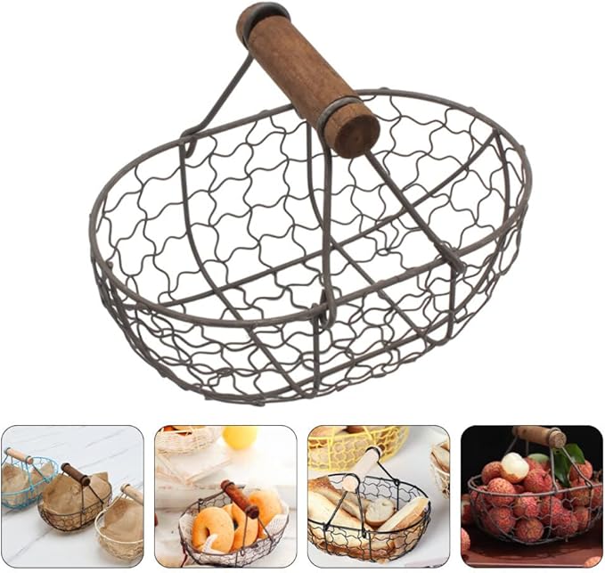 Zerodeko Oval Metal Wire Egg Basket Wire Fruit Basket with Handle Country Vintage Style Storage Basket Metal Basket Farmhouse Egg Collecting Basket for Kitchen or Living Room