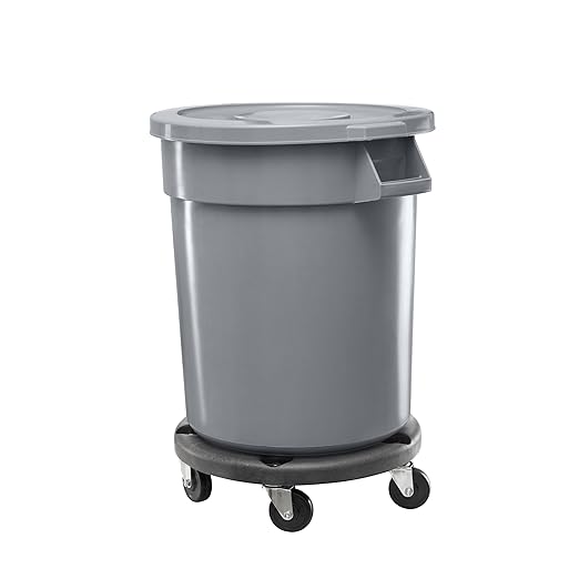 Feed and Seed Storage Container, 55 Gallon Gray Round Commercial Trash Can with Lid and Dolly, Food Storage Plastic Bin, Use in Agricultural, Gardening, or Household