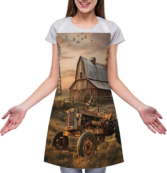 Vintage Watercolor Old Tractor Kitchen Apron, Oil Painting Western Farmhouse Harvest Farm Sunflower Tractor Apron
