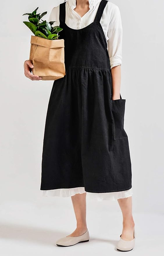 NEWGEM Cotton Linen Cross Back Apron for Women with Pockets for Cooking Baking Black without Waist Ties