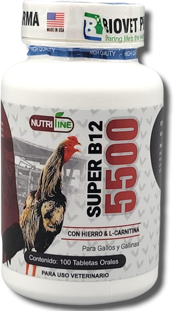 Super B12 5500 Con Hierro L -Carnitina Booster for Rooster - Supplements for Poultry Hen Chicken FARMAVET BIOVETPHARMA LUVAROBLLC