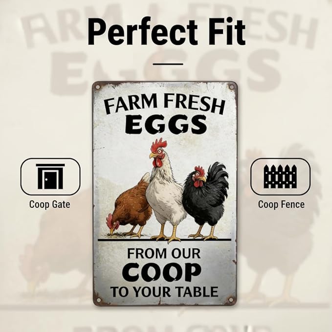 Farm Fresh Eggs Vintage Metal Sign 8x12 Inches - From Our Coop To Your Table, Rustic Chicken Coop Decor, Retro Farmhouse Kitchen Wall Art, Funny Chicken Lover Gift for Home, Bar, Cafe, Garage