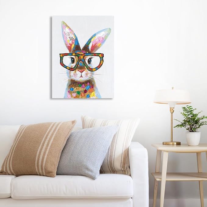 Yidepot Whimsical Colorful Rabbit Canvas Poster - Bunny Bedroom Wall Decor with Cute Glasses Pictures for Living Room 12"x16"