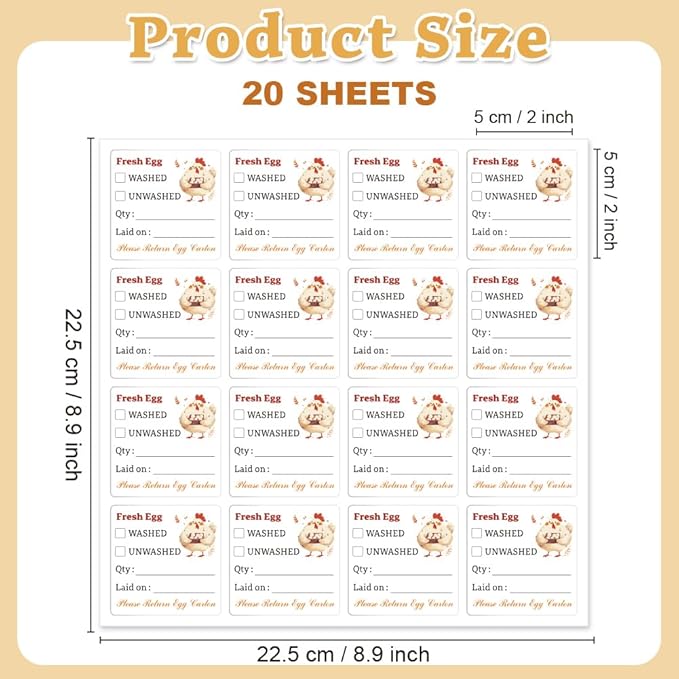 320 Pcs Egg Carton Labels, 2 Inch Square Farm Fresh Lain on Sticker PET Adhesive Egg Packaging Sticker for Box Container Carton Farm Supplies