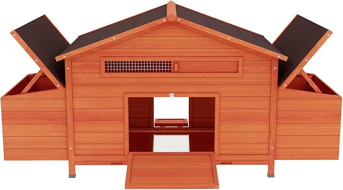 Wooden Chicken Coop for 2-4 Chickens, Large Outdoor Chicken House with Dual Nesting Boxes, Free Range Doors, Leakproof Pull Out Tray, Poultry Hutch for Backyard, Brick Red