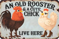Funny Cute Vintage Chicken Coop Metal Tin Signs Plaque An Old Rooster & A Cute Chick Live Here Home Farmhouse Kitchen Wall Decor 12x8 Inch