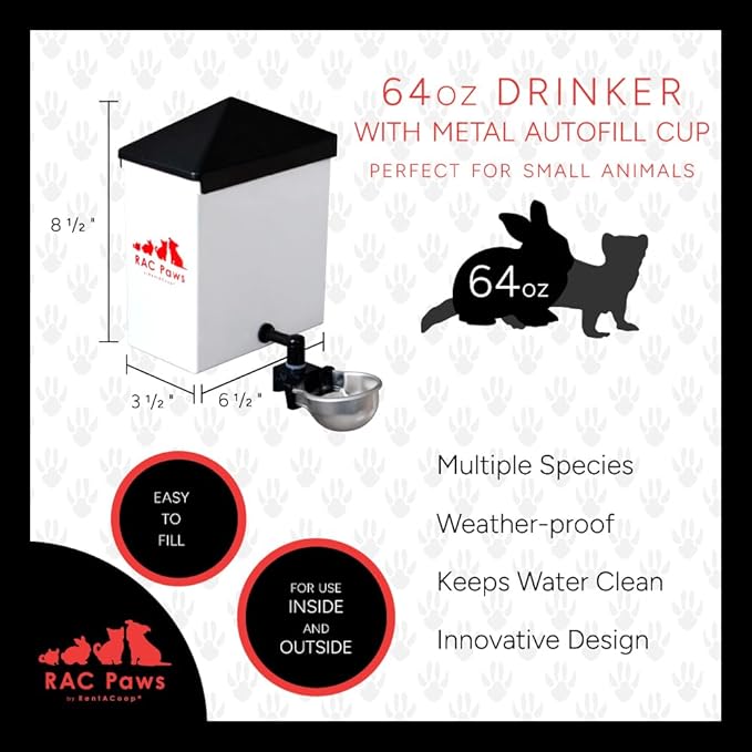 RAC Paws by RentACoop 64oz(2L) Small Animal Drinker with Auto-Fill Metal Cup - Suitable for Small Pets, Bunnies, Hamsters, Guinea Pigs, Rabbits, Chinchillas, Mice and Rats