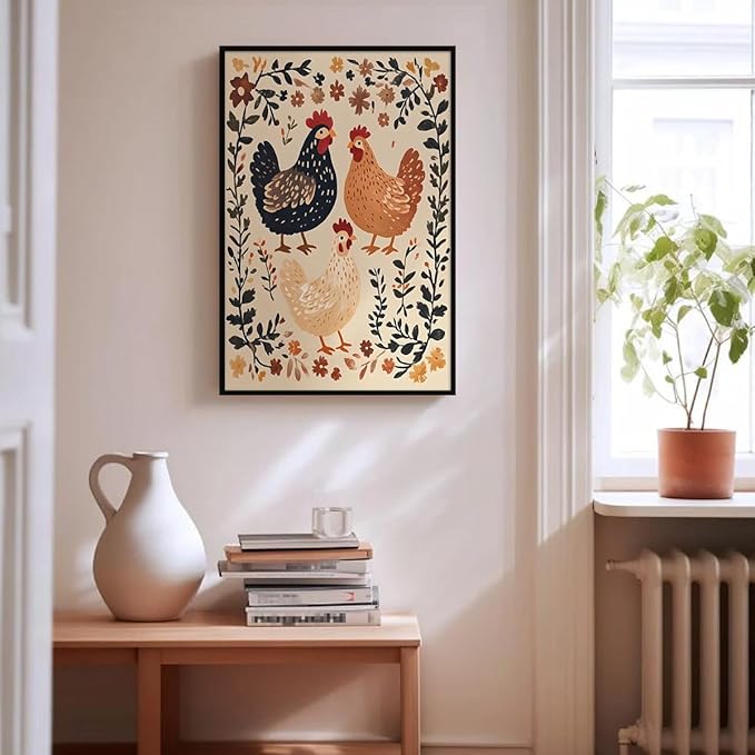 Nursery Animal Canvas Wall Art, Farmhouse Chickens Poster, Rustic Botanical Floral Painting, Cozy Folk Art Print, Countryside Animal and Flowers Painting for Kids Room 12x16in Framed