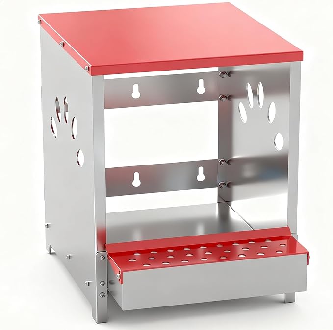 Chicken Nesting Boxes, One Hole Large Metal Hen Laying Box with Swing Perch and Roll Away Egg Collection, Wall Mountable with Vented Holes for Chickens Ducks Birds