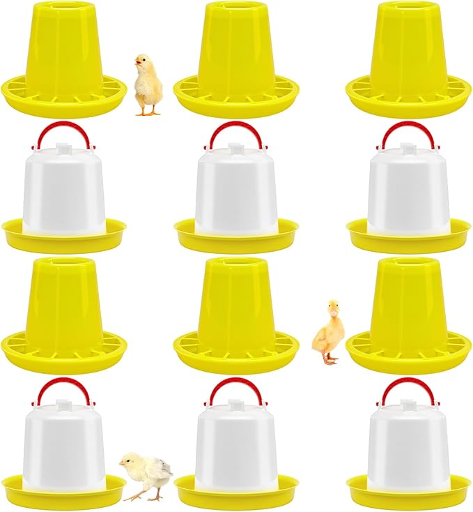 12 Pack 1.5L Baby Chicken Feeder and Waterer Set Top Bird Small Poultry Feeding for Pigeon Chick Drinker Duckling Quail Feeding Dispenser (Yellow)
