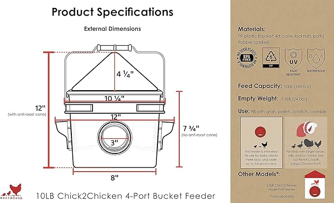 RentACoop Chick2Chicken 10lb Feeder & 2 Gal Waterer Set with Gravity Feed Refill & Auto-Fill Cups - BPA-Free Food & Water Buckets for Up to 20 Chicks or 12 Adult Chickens