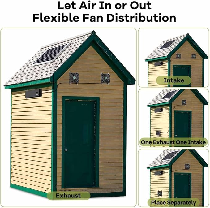Solar Powered Fan with Battery, Rechargeable Solar Fan for Chicken Coop, Greenhouse, Shed, Outside with Two IPX7 Waterproof Exhaust Intake Fans 16.5Ft On/Off Switch Cable