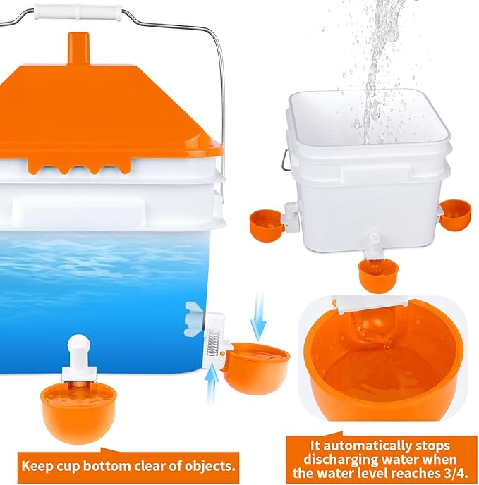 Chicken Waterer with 4 Water Cups,2 Gallons Watering Bucket with Automatic Chicken Waterers, Hanging Chicken Waterer Suitable for Chicken, Ducks, Pigeons and Quails(Orange)