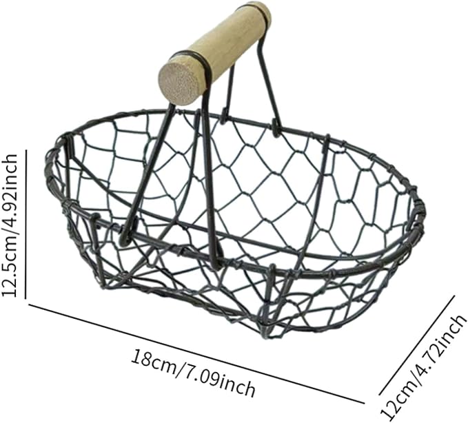 Wire Egg Basket with Wooden Handle Rustic Snack Basket Kitchen Storage Vintage Vegetables Basket for Farmhouse Decor- Coffee