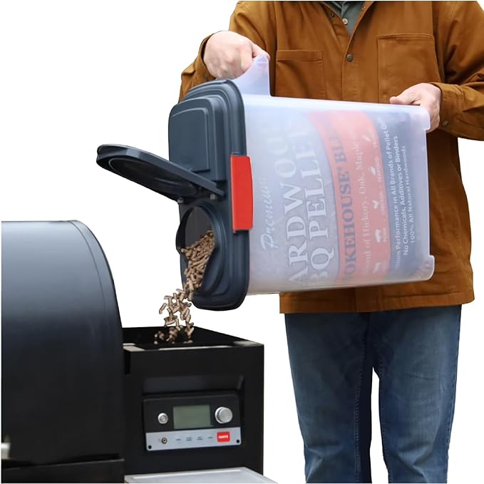 BEN & JANE 40lb Pellet Storage Dispenser - Made in USA, BPA-Free Food Safe Container for Dog & Cat Food, Birdseed, Charcoal & Potting Soil - Weatherproof Stackable Bin with Pour Spout & Locking Lid