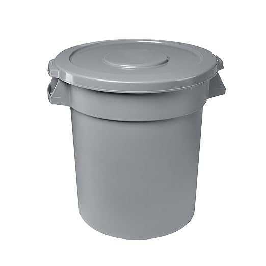 Feed and Seed Storage Container, 55 Gallon Gray Round Commercial Trash Can and Lid, Food Storage Plastic Bin, Use in Agricultural, Gardening, or Household