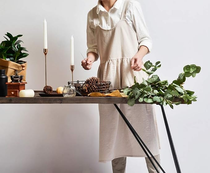 NEWGEM Cotton Linen Cross Back Apron for Women with Pockets for Cooking Painting Beige without Waist Ties