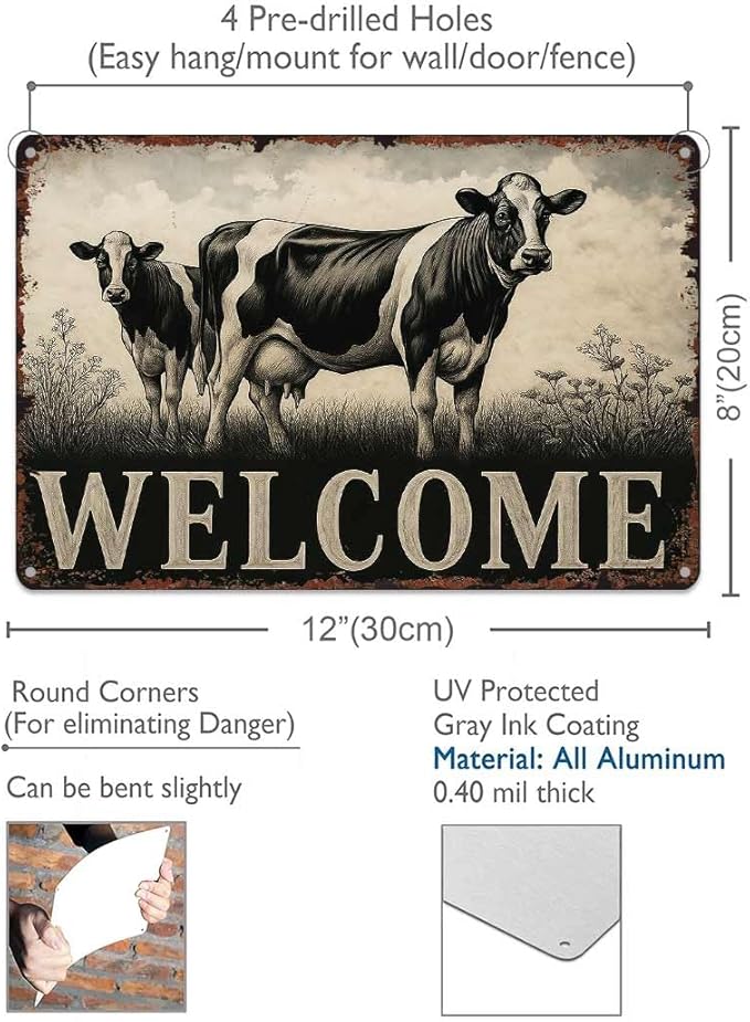 Vintage Farmhouse Metal Welcome Sign - Rustic Cow Farm Animal Theme 8x12 Inch Vintage Aluminum Metal Tin Signs-For Living Room Kitchen Patio Porch Backyard Home Decor Wall Decor