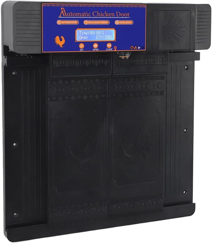 Pilipane Automatic Chicken Coop Door Opener Solar Powered Timer Anti Pinch IP45 Poultry Coop Door for Chickens Ducks Geese Plastic 403x365x85mm (Black)