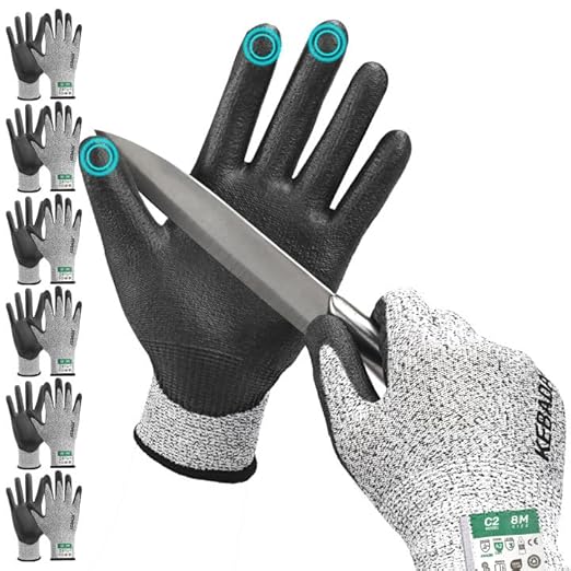 Kebada Cut Resistant Gloves, ANSI A2 Cutting Glove, PU Coated, Touchscreen, Multi-Purpose Model C2, 6 Pairs, Small