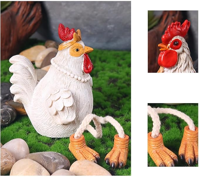 Funny Shelf Sitting Chicken Figurines – Farmhouse Rooster & Hen Statues with Dangling Legs – Rustic Tabletop Home Decor, Kitchen, Garden Ornaments (Set of 2)