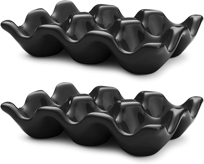 Flexzion Porcelain Egg Crate - 6-Egg Capacity Ceramic Egg Tray, Half Dozen Egg Holder for Fridge, Countertop Display - Black Decorative Serving Dish and Storage Organizer, 2 Pack
