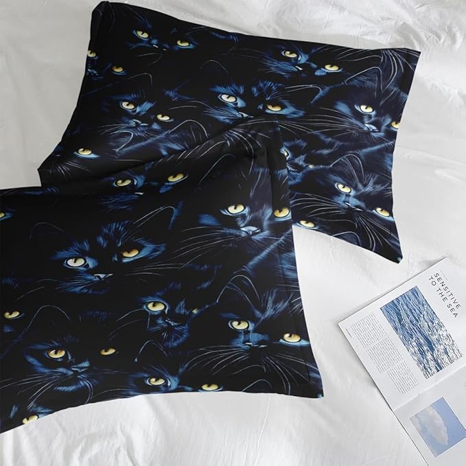 Comforter Set Full Size, Cat Blue Magic 7 Pcs Bedding for Kids and Adults, Black Cute Bed Sheet Sets with Fitted Sheet 2 Pillowcases & 2 Shams for Bedroom Bed Decor