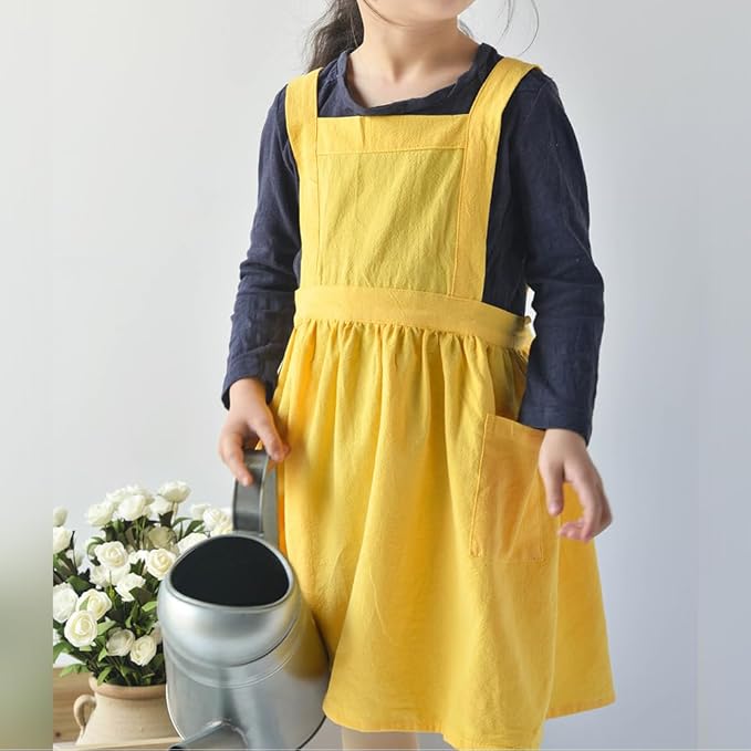 IWEMEK Kids Aprons for Girls Cooking Child Cotton Linen Apron Dress with Pockets Art Baking Gardening Painting Apron Pinafore