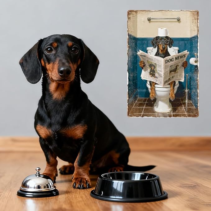 WADORN Funny Dachshund Vintage Metal Tin Sign, 8x12 Inch Bathroom Dachshund On Toilet Wall Decor for Home Office Washroom Restroom Toilet Weiner Dog Rustic Retro Art Plaque Gifts for Dogs Lover