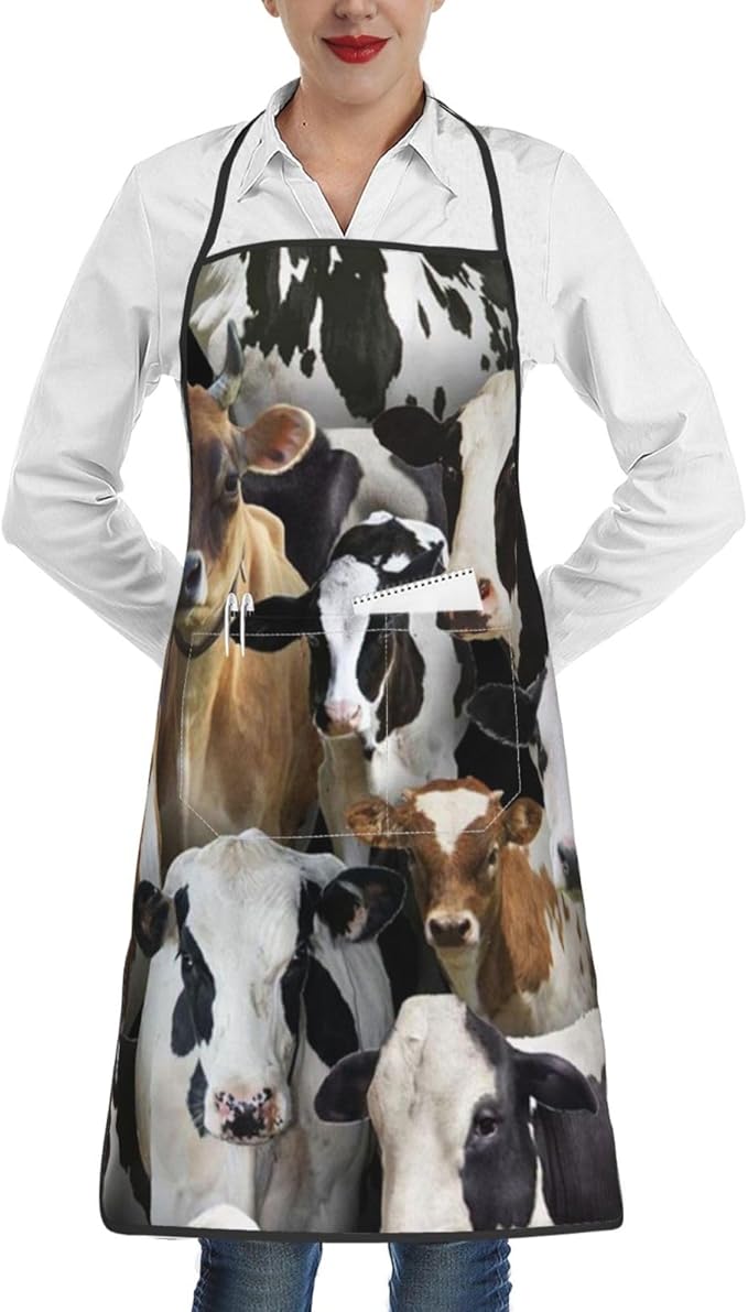Apron for Women Men, Adjustable with Pocket Washable Cooking Apron, Chef Grilling BBQ Baking Crafting, Farm Animals Dairy Cows Cow