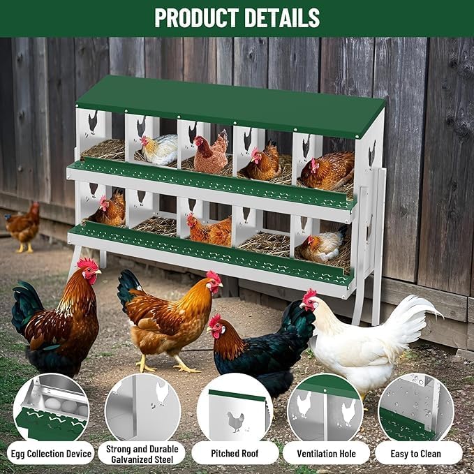 Chicken Nest Box, 10-Compartment Egg-Laying Box, Metal Hen House, Convenient for Collecting Eggs - Ventilated Poultry House Equipment - Suitable for Hens, Ducks Green,with Stand