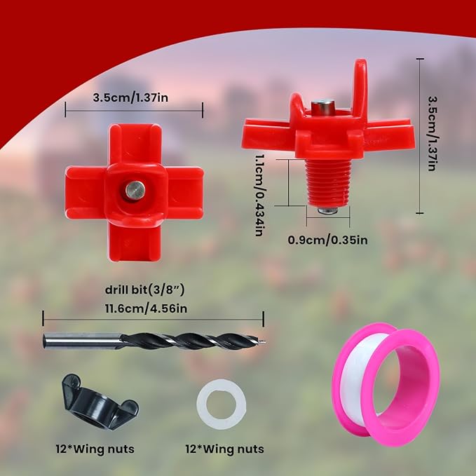 12Pcs Chicken Nipple Waterer Kit,Chicken Feeder and Waterer Set,Automatic Poultry Nipple Waterer Set for Bucket Chickens Feeders,Red Poultry Watering Saving System for Outdoor Chickens Coop