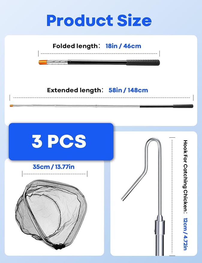 Retractable Poultry Chicken Catcher Net - Heavy-Duty Stainless Steel Extendable 16" to 58.5" Triangle Chicken Net with Secure Leg Hook for Safely Catching Chickens, Duck, Geese and Small Bird