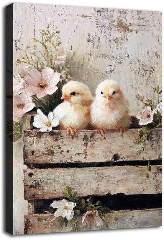 MNFGMH Farmhouse Easter Canvas Spring Chicks with Flowers Rustic Country Wall Art Spring Easter Wall Decoration Wooden Frame 8x12 inch