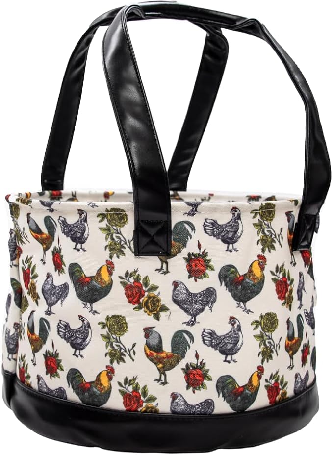 Fluffy Layers by RentACoop Egg Collecting Bag – Durable Coated Canvas and Easy-to-Clean Bottom & Handles – Reusable Farm Egg Basket (Roosters and Roses)