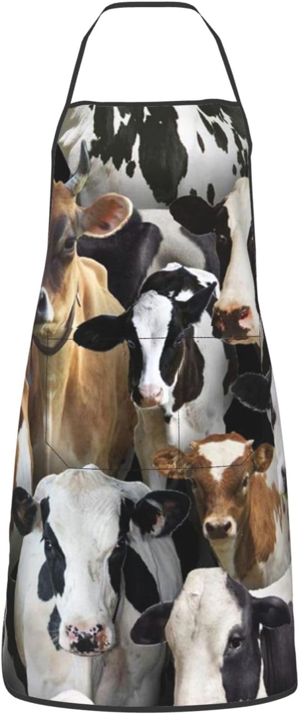 Apron for Women Men, Adjustable with Pocket Washable Cooking Apron, Chef Grilling BBQ Baking Crafting, Farm Animals Dairy Cows Cow
