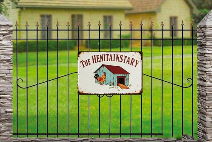 Henitentiary Sign - Funny Chicken Coop Metal Sign for Farmhouse, Patio, or Garage - 12x8 Inch Rustic Wall Decor, Door Plaque