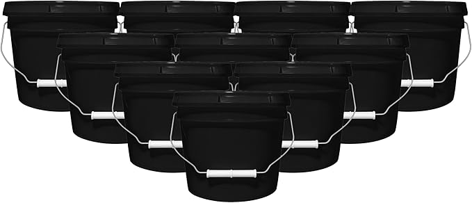 2-Gallon Bucket with Airtight Lid – Made in USA, Food Grade BPA Free Plastic, Heavy Duty Multi-Use, Metal Handle with Grip, Stackable Storage – Black, 10 Pack