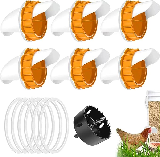 DIY Chicken Feeders No Waste, Automatic Poultry Feeder 6 Ports 1 Hole Saw with Covers Gravity Feed Kits for Buckets Barrels Bins Troughs （Orange）